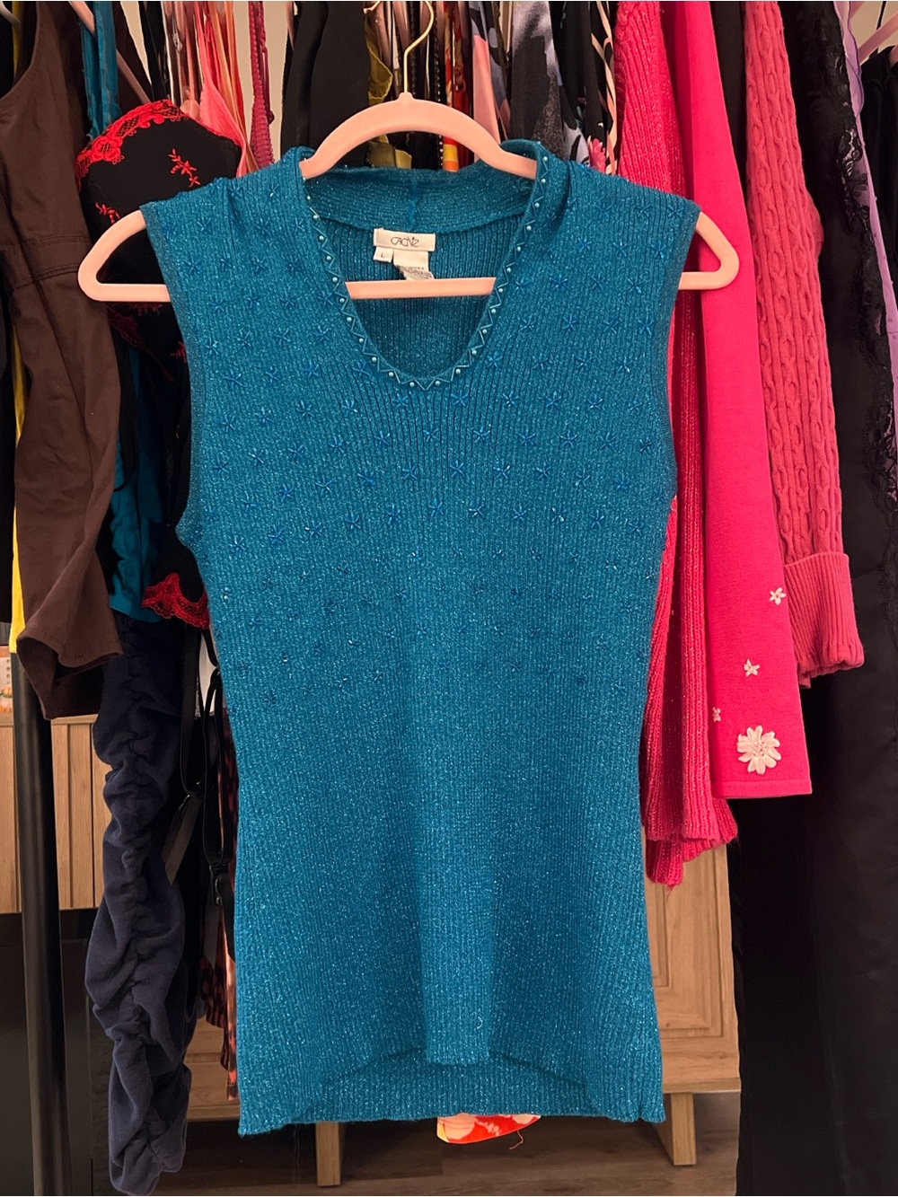 Cache Beaded Sparkly Blue Metallic Knit Y2K Vintage Top Size Large Stretchy - Picture 8 of 8
